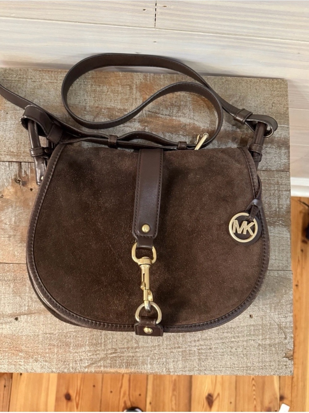 Michael Kors Dark Brown Suede Saddle Crossbody with wallet